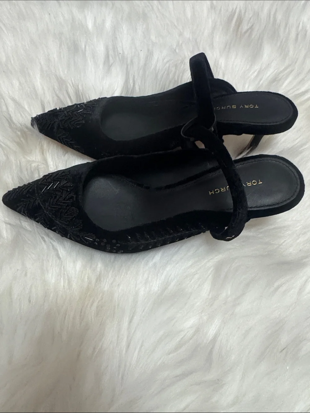Tory Burch Black Velvet Pointed Slingback Heels with Bead Detail